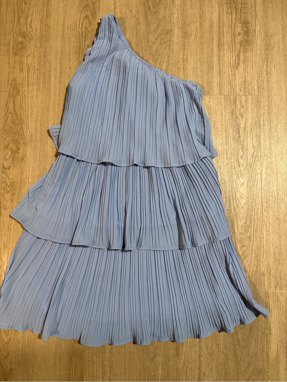 One-Shoulder Pleated Tiered Dress in Light Blue
